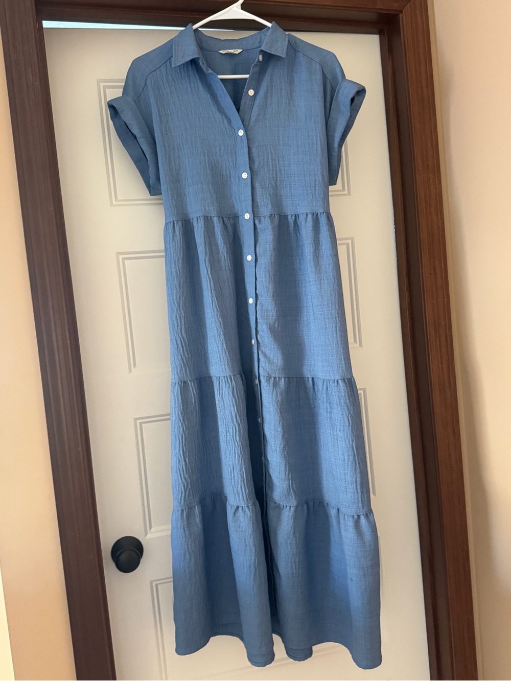 Max Studio Light Blue Button-Front Tiered Maxi Dress
